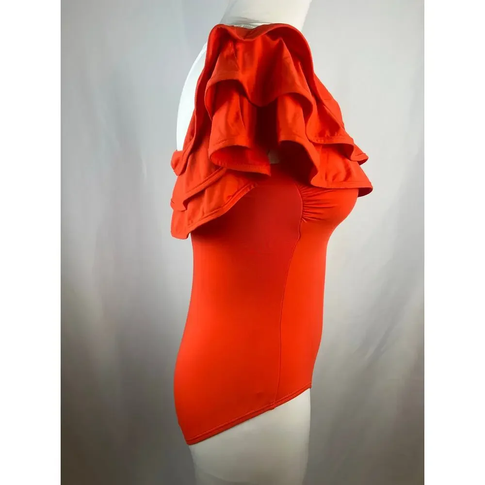 Kate Spade Palm Beach Ruffle Off Shoulder One Piece Swimsuit Tomato Red M